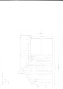 Tegning som viser fasadeoppsettet for en bygning sett fra nord, med mål på tak og fasadeelementer.