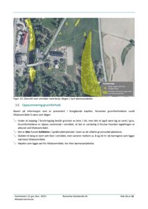 Et luftfoto (satellittbilde) av et område med overlagte gule felter som markerer berg i dagen eller tynt løsmassedekke.