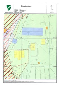Situasjonskart som viser eiendomsnummer 20/9 på Gammelveien 11, med bygningers plassering, tomtegrenser og topografi.