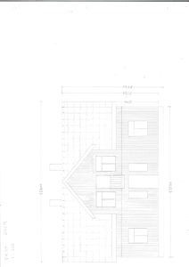 Fasadetegning (vest) som viser bygningens utseende utenfra, inkludert takform, vinduer og mål.