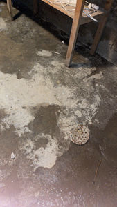 Fotografi av et vått gulv med en avløpsrør og en benk i bakgrunnen.