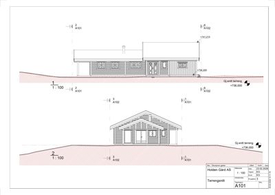 Snittegning (terrensnitt) som viser bygningens høyde i forhold til terrenget, takhøyder og grunnmur.