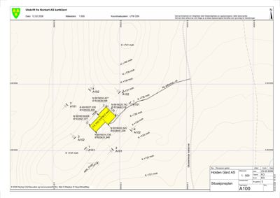 Situasjonsplan som viser tomtens form, høydemåler (K-mål), nabolagsgrenser og punkter for bygning (A101, A102).
