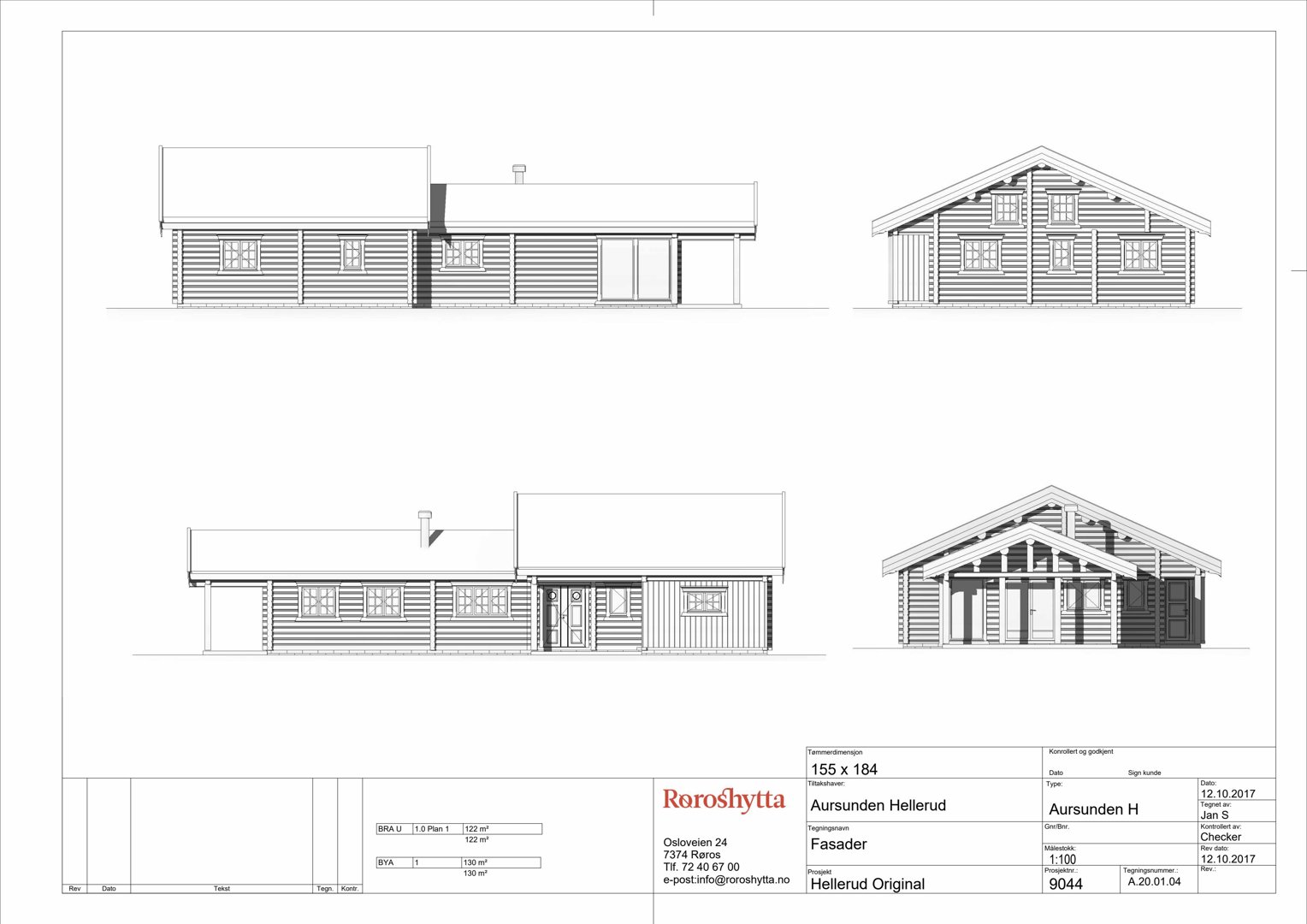 Fasadetegning som viser front- og sideopprikk av en hytte (Aursunden Hellerud).