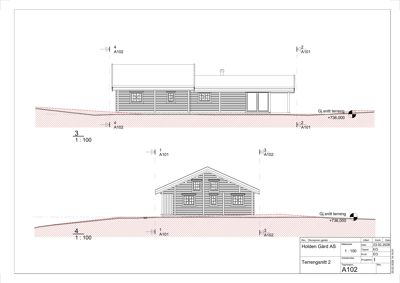 Tegning som viser tverrsnitt gjennom bygningen (terrensnitt) med oppgitt høyder og snittlinjer.
