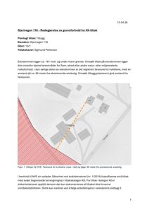 Kartutsnitt som viser eiendomsgrenser, eksisterende bygninger (grå rektangler) og en markert farezone (rødt område) med en advarselssone (dashed linje).