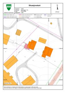 Situasjonskart som viser eiendomsnummer, adresse, dato, målestokk, nabolag, vegnett og eiendomsgranser.