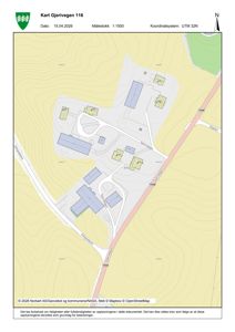 Kart over Gjerivegen 16 med topografiske linjer, veioppsett og bygningsfotavmerking.