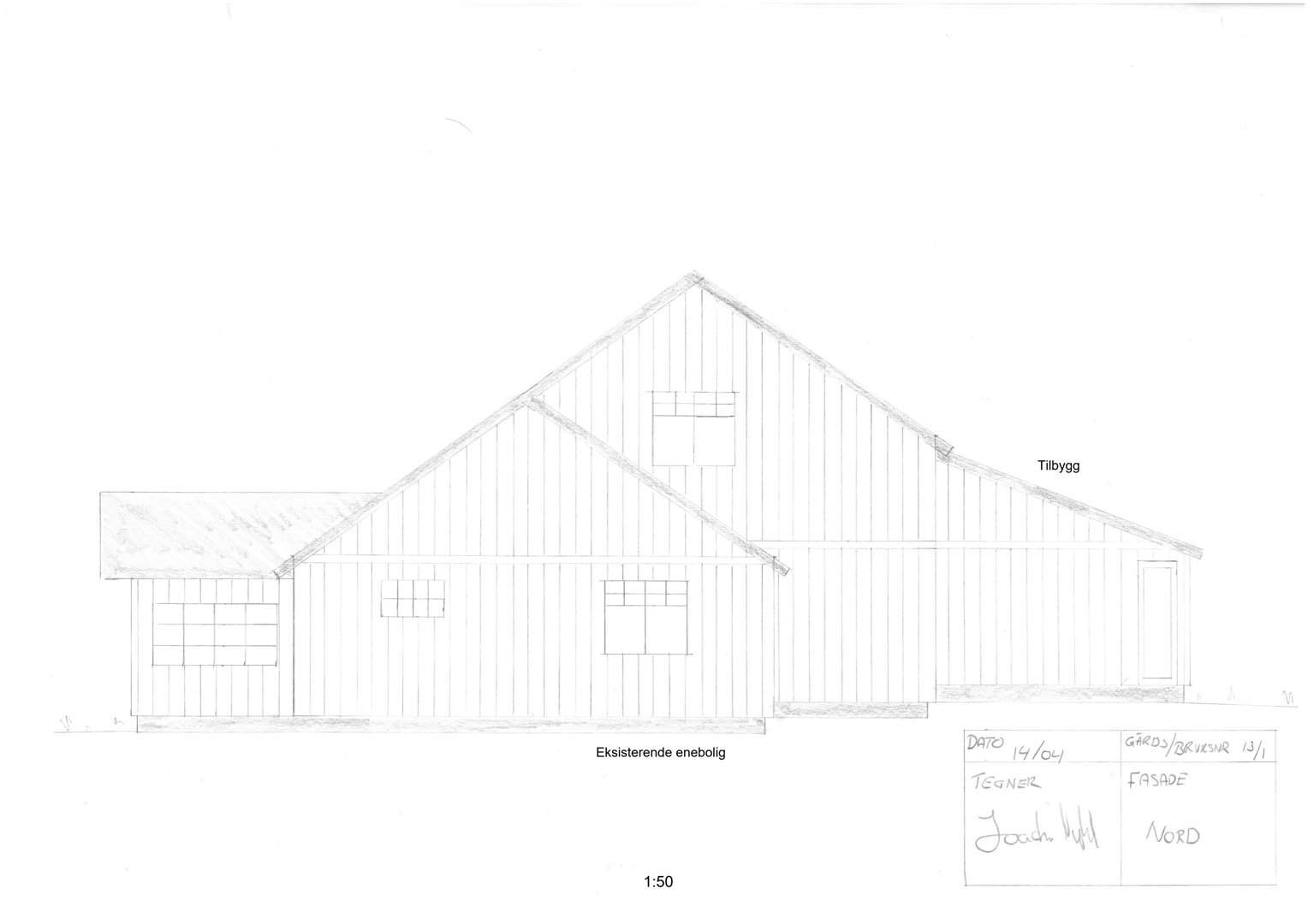 Penselt tegning av fasade (Nord) på en eksisterende enebolig med tilbygg.