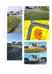 En collage som viser en byggesak med flere bilder: situasjonsplan, tomt, eksisterende hus og planlagt hus.