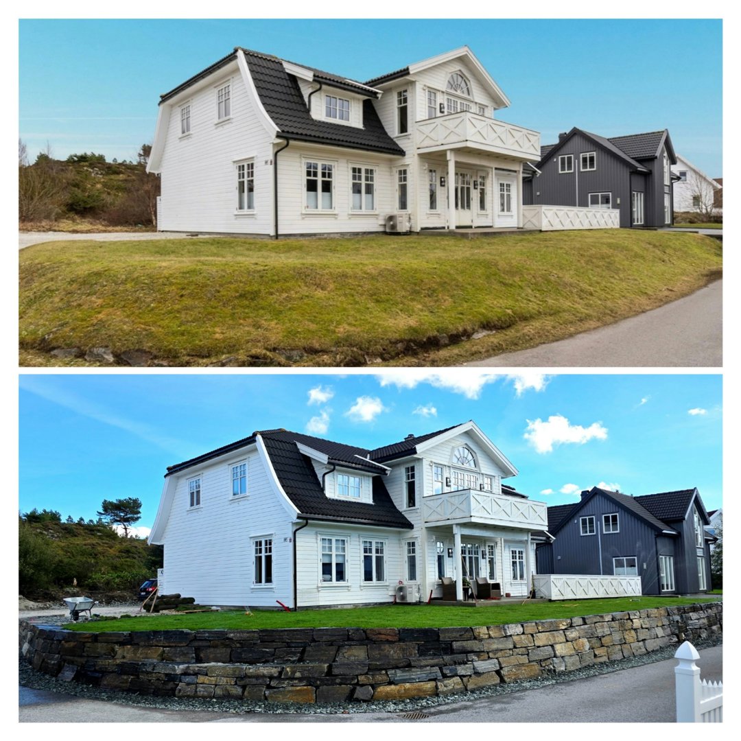 Fotografier av en ferdig eller nesten ferdig bygget hus. Bildene viser fasaden, omgivelser og terrengformingen.