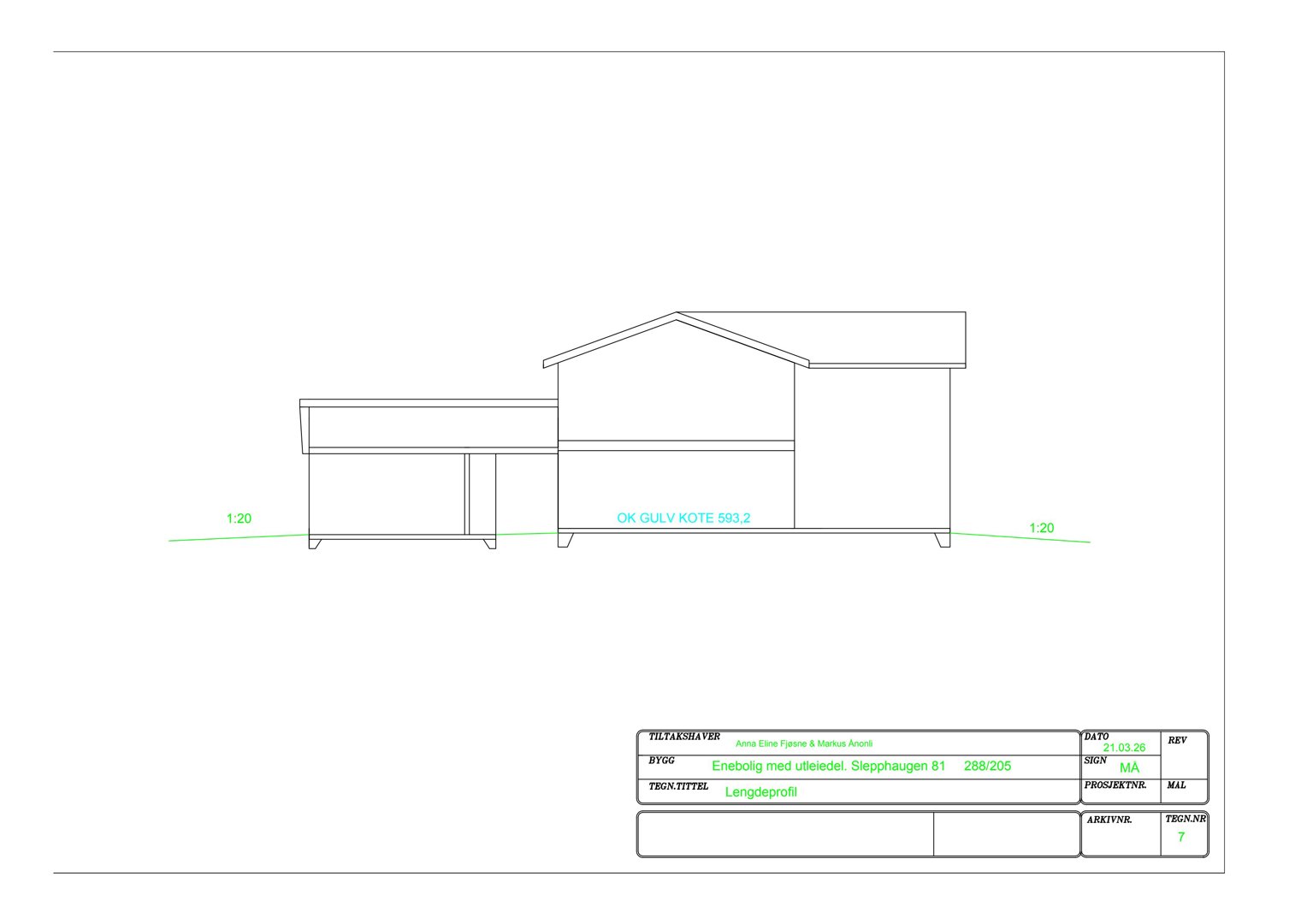 Fasadetegning (lengdeprofil) som viser bygningens utseende sett fra siden, med gulvkote og skala.
