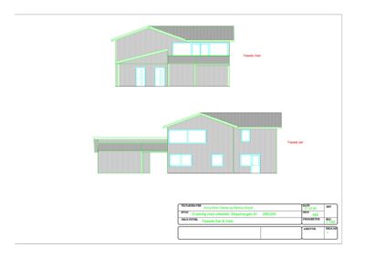 Tegning som viser fasadeopprikk for bygningen sett fra vest og sør.