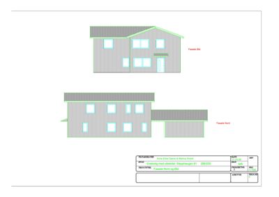 Fasadetegning som viser bygningens utseende sett fra øst og nord.