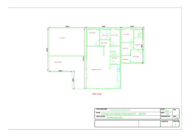 Plantegning av 2. etasje i en enebolig med romfordeling, dører, vinduer og mål.
