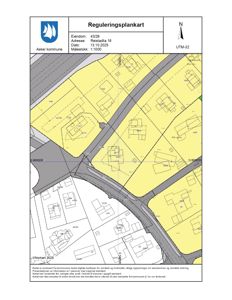 Reguleringsplankart som viser eiendomsgrenser, vegnett og arealbruk for eiendommen på Reisstadia 16.