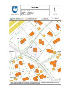 Situasjonsplan (grunnkart) som viser eiendomsgrenser, bygninger og infrastruktur for eiendommen på Reistadia 16.