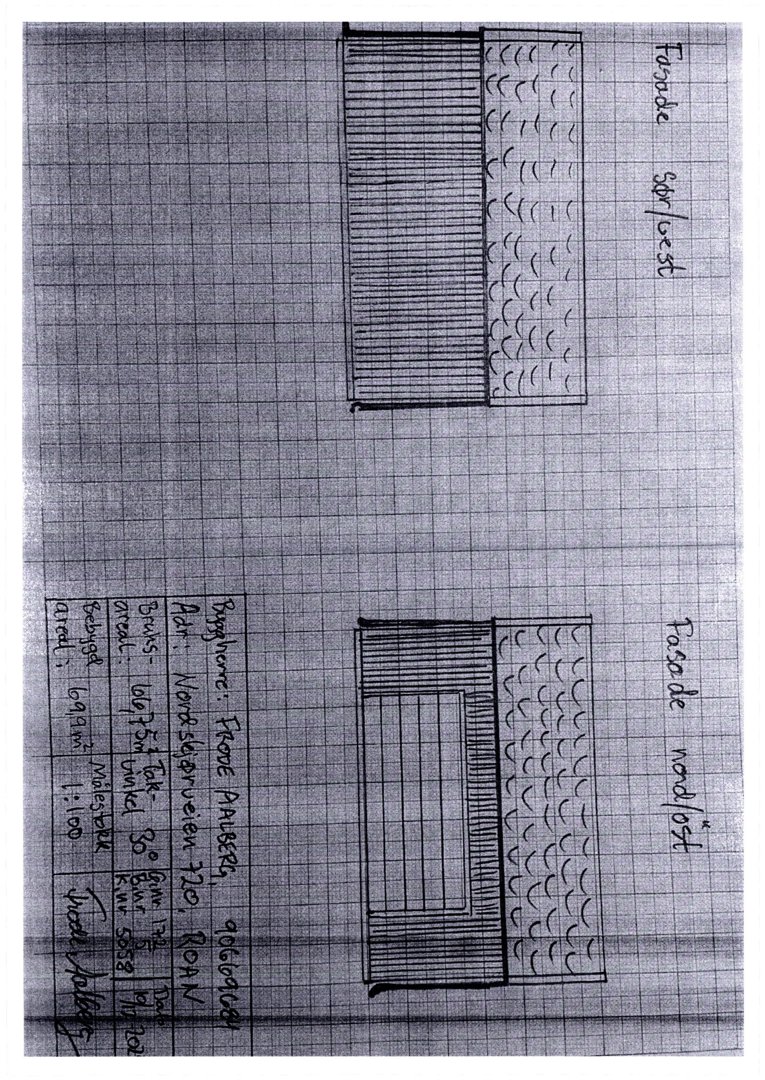 Fasadetegning som viser bygningens utseende sett fra nord og sør.