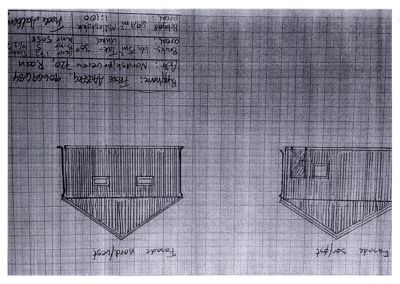 Håndtegnet fasadeopprikk (Nord/Vest og Sør/Øst) med tegningsskala og byggeopplysninger.