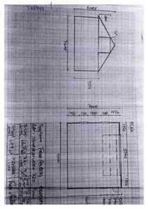 En tegning som viser etasjeplaner (PLAN) med romfordeling, dimensjoner og en skisse av fasaden ovenfor.