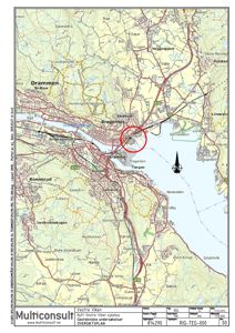 Oversiktskart over Vestre Viken med geografiske navn, høydemarker og en markert bygningsplassering (Gjelleråsen).