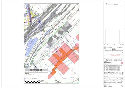 Situasjonskart som viser tomt, bygninger og infrastruktur i Drammen Helsepark.