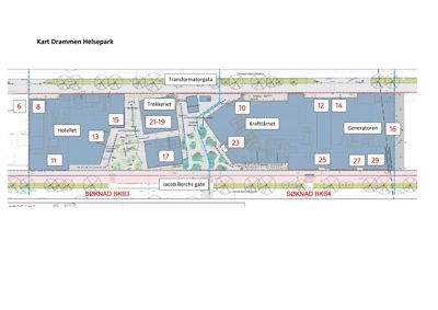 Situasjonsplan som viser bygningenes plassering i Drammen Helsepark, inkludert gater (Transformatorgata, Jacob Borchs gate) og omgivende infrastruktur.