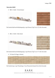 3D-visualiseringer av bygningens fasade med ulike materialvalg (tegl og trepanel) og tilhørende tekstbeskrivelser.