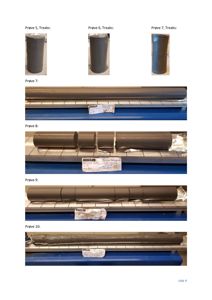 Fotografier av prøver (Prøve 5-10) som er tatt fra en byggesak, sannsynligvis for dokumentasjon av materialer eller konstruksjoner.