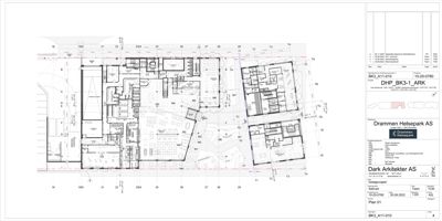 Etasjeplan eller plantegning som viser romfordeling og veggkonstruksjoner.
