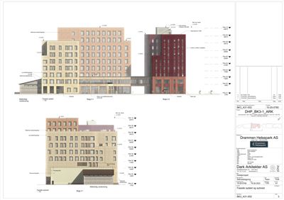 Fasadetegning som viser bygningens utseende fra sydøst og sydvest, inkludert materialvalg, farger og detaljer.