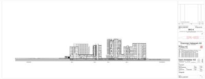 Fasadetegning (opprikk) som viser bygningens profil sett fra siden, med detaljer om vindusinnredning og fasadefasonger.