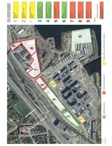 Et situasjonskart som viser tomtedeling, eksisterende bygninger og planlagte utvidelser for et sykehusprosjekt.