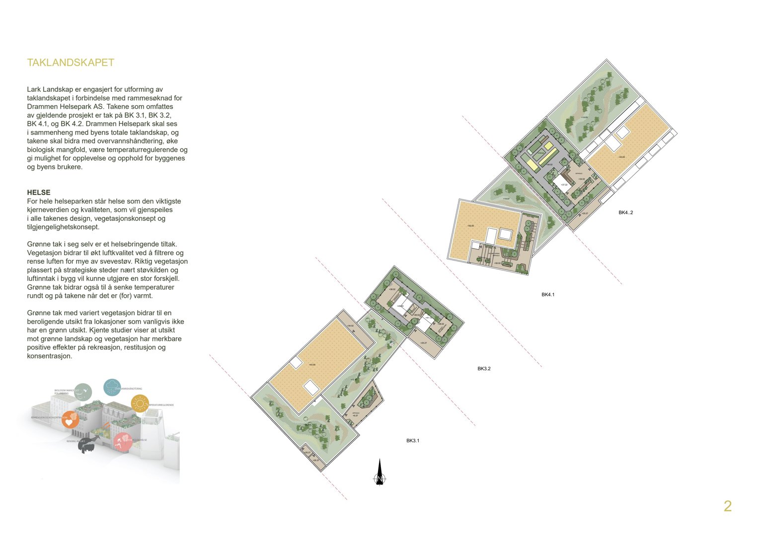 3D-visualisering av taklandskapet med vegetasjon og møblering, presentert i en rapport.