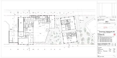 Etasjeplan (Plan 01) som viser romfordeling, vegger og utvendig areal for et prosjekt kalt 'Drammen Helsepark'.