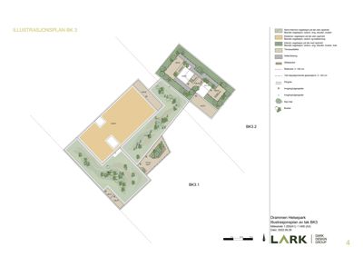 Illustrasjonsplan som viser tomtens oppdeling (BK3.1 og BK3.2), plassering av bygninger, beplantning og terrengform.