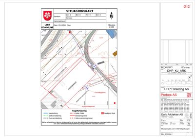 Situasjonskart som viser eiendomsgrenser, vassdrag og bygningers plassering i forhold til hverandre.