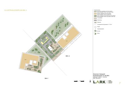 Situasjonsplan (Illustrasjonsplan) som viser tomtens oppdeling, beplantning, terrasser og bygningers plassering i forhold til hverandre.