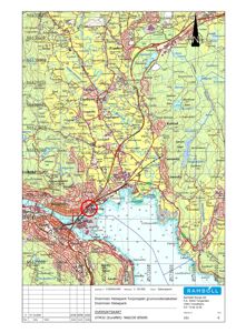 Oversiktskart over Drammen med topografiske detaljer, veier og vannveier. En rød sirkel markerer et spesifikt område (Drammen Helsepark).