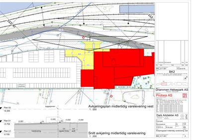 Situasjonsplan og snitt som viser avkjøring for midlertidig varelevering, inkludert byggegrense, nivåer og grunnarbeider.