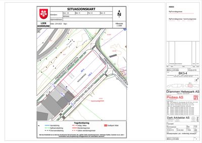 Situasjonskart som viser eiendomsgranser, veier og planlagt byggefelt.