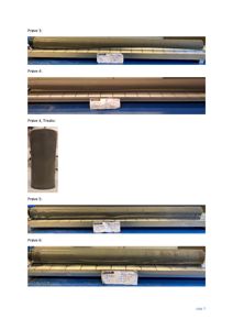 Fotografier av flere prøver (Prgve 3-6) av en rullet materiale, sannsynligvis isolasjon eller membran, med etiketter.