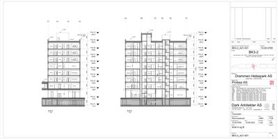 Snittegning som viser tverrsnittet av bygningen med romfordeling og høyder.