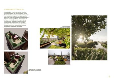 Fotografier av et takterrasseskonspt med sitteområder og planter.