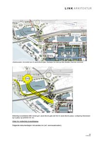 Situasjonsplan som viser bygningers plassering, veisystem (inkl. ny vei og rundkjøring) og arealbruk i området rundt Jacob Borchs gate.