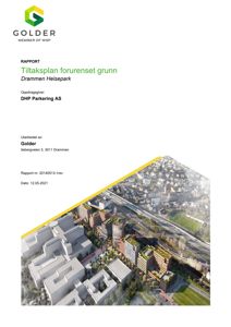 Et fotografi av et byområde med bygninger og infrastruktur, som er brukt som bakgrunn på en rapportomslag.