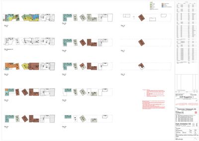 Et sammensatt ark med flere etasjeplaner (Plan 01 til Plan 09) som viser romfordeling og areal for ulike etasjer i en bygning.