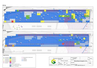 Situasjonsplan som viser tomtens oppdeling i ulike tilstandsclasser (fargekodet) og masseforhold.