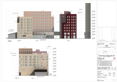 Fasadetegning som viser bygningens utseende fra syd og vest, inkludert detaljer om vinduer, materialer og høyder.
