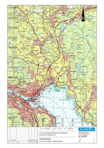 Oversiktskart over Drammen med topografiske detaljer, veier, vann og byområder. Kartet viser en markert plassering (rød sirkel) og er utgitt av Rambøll for et grunnundersøkelsesprosjekt.